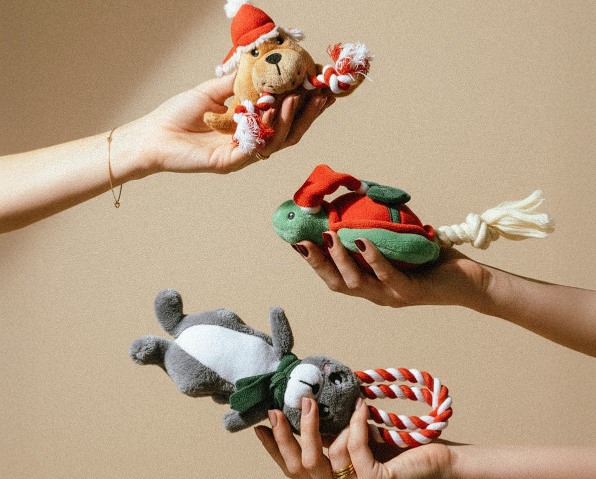 Three hands holding grrreen holiday plush dog toys against a beige background